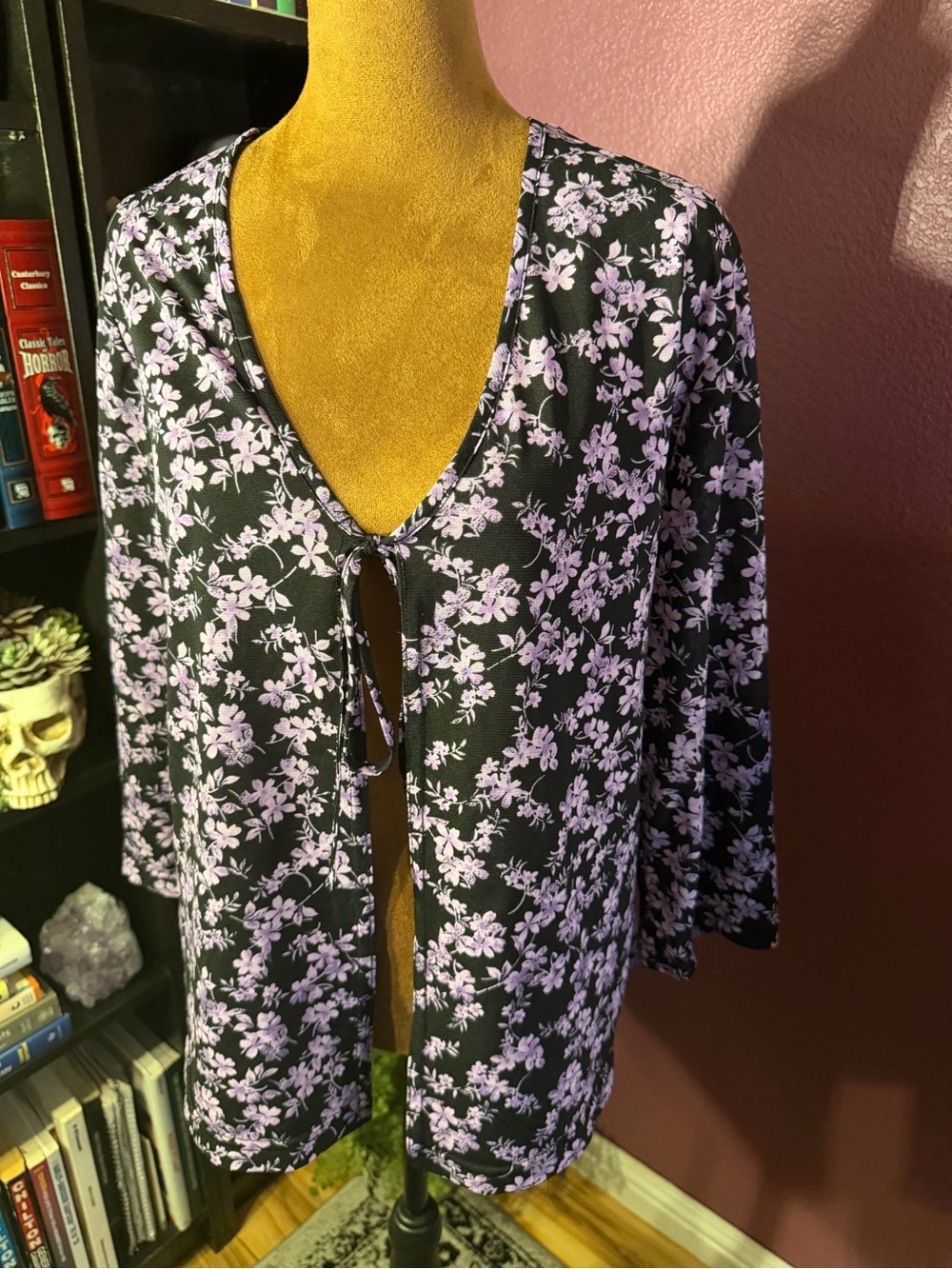 Jaclyn Smith Black Floral Tie-Front Top with Lavender Blooms